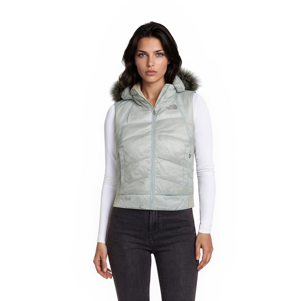 The North Face Down Puffer Vest Womens Size XS Mint Green 550 Down Faux Fur Hood